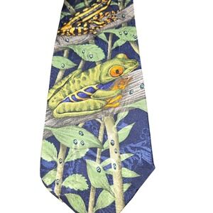 Marc Dennis Bruce's Rainforest 100% Silk Tie Green Frogs Blue Branches Men's